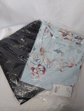 a:glow Light Blue Floral V-Neck Tee with Pink & Orange Accents And Black V-Neck
